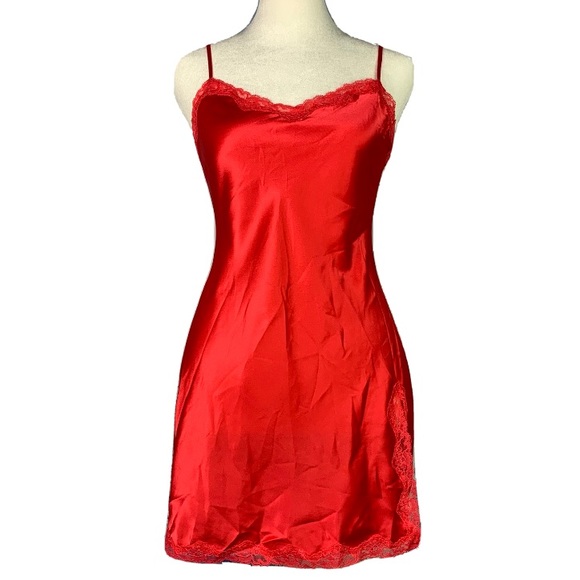 Victoria’s Secret Red Satin Lace Accent Split Babydoll Slip Dress Nightgown - Picture 2 of 14